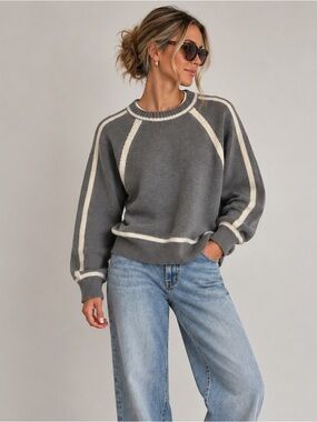 Idem Ditto Contrast Stitch Oversized Academia Gray Crewneck Sweater Size XL